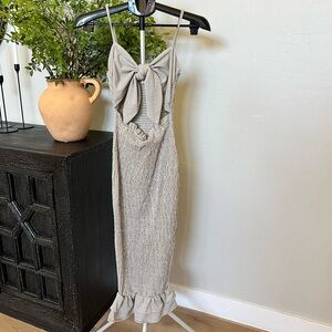 Pink Blush mocha gingham print smocked fitted self tie midi maternity dress